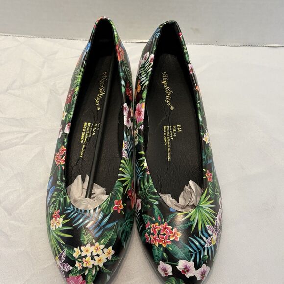 New Angel Steps Shoes Women's Comfort Round Toe black, Floral Slip-On Size 8M - Picture 6 of 8
